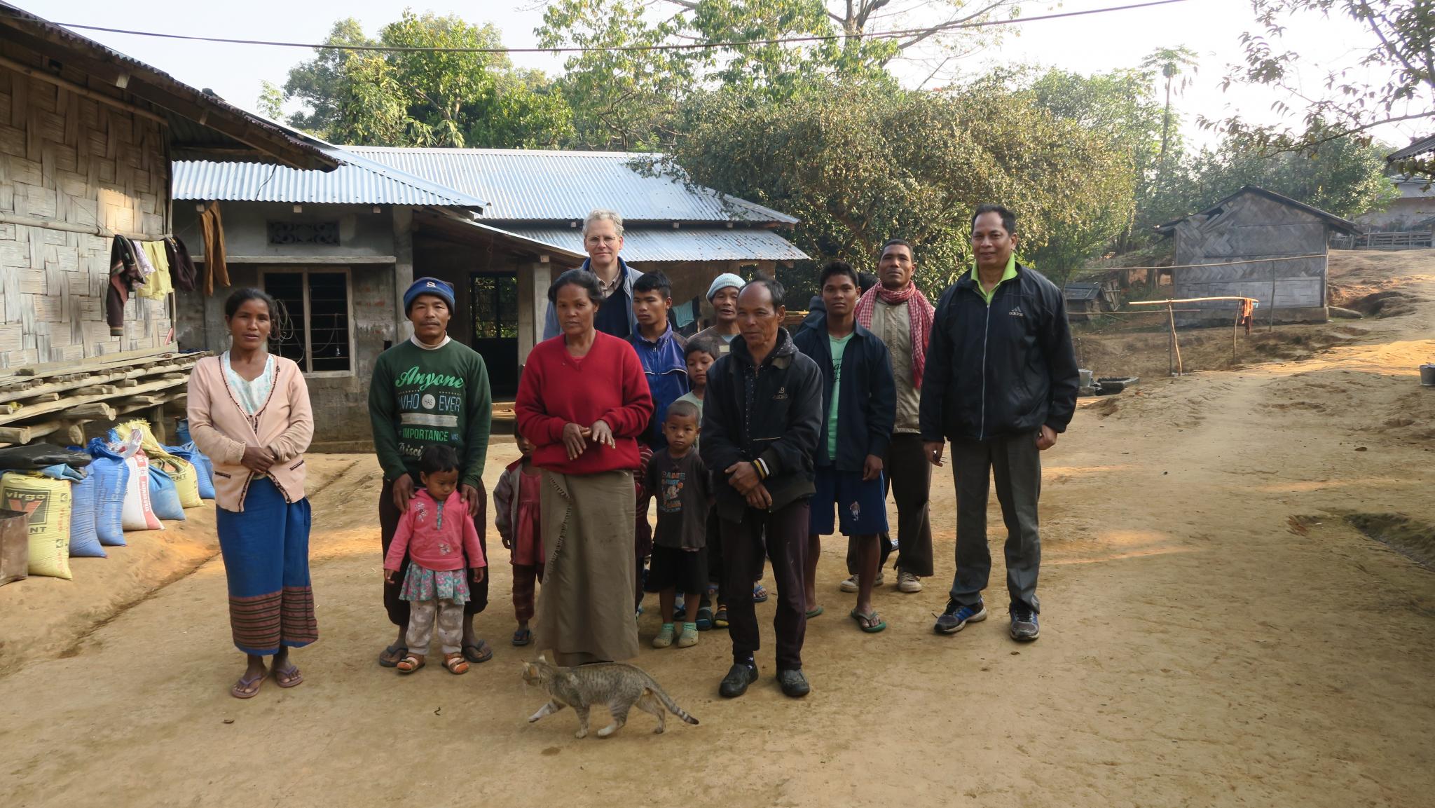 Residents of Rongkinggre village, Daniel Ingty (right, Meghalaya Basin Development Authority) and Erik de Maaker (rear). Rongkinggre can become part of the proposed Garo Hills Conservation Area